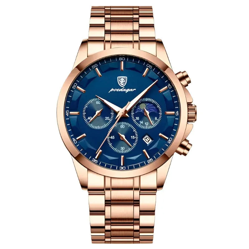 ELEGANCE® Genuine Leather Men's Watch Fashion Luminous Calendar Stopwatch Male Clock Waterproof Moon Phase Quartz Wristwatch POEDAGAR