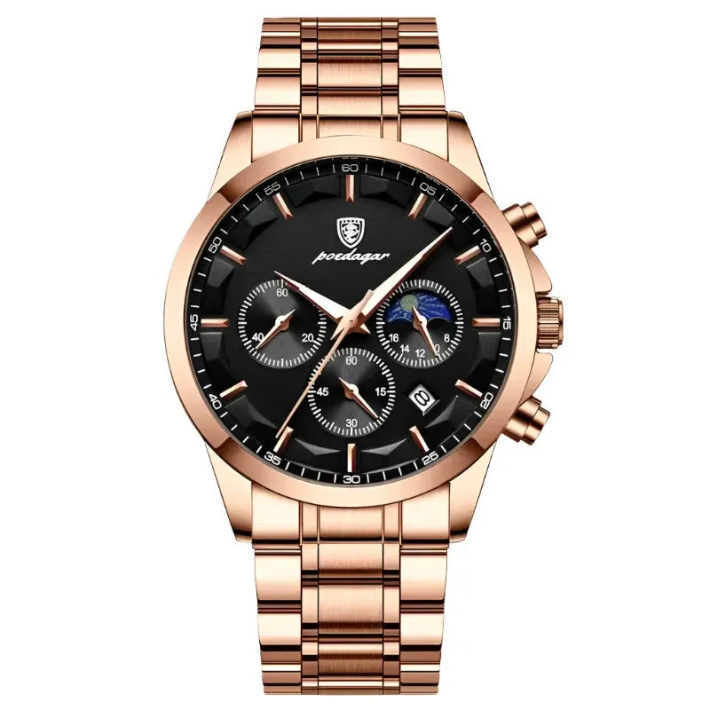ELEGANCE® Genuine Leather Men's Watch Fashion Luminous Calendar Stopwatch Male Clock Waterproof Moon Phase Quartz Wristwatch POEDAGAR