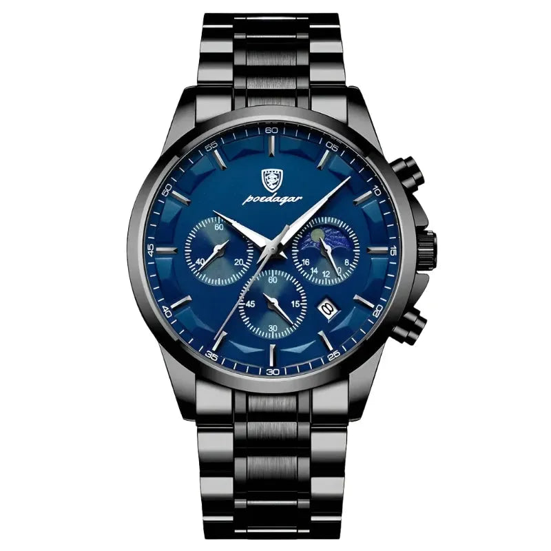 ELEGANCE® Genuine Leather Men's Watch Fashion Luminous Calendar Stopwatch Male Clock Waterproof Moon Phase Quartz Wristwatch POEDAGAR