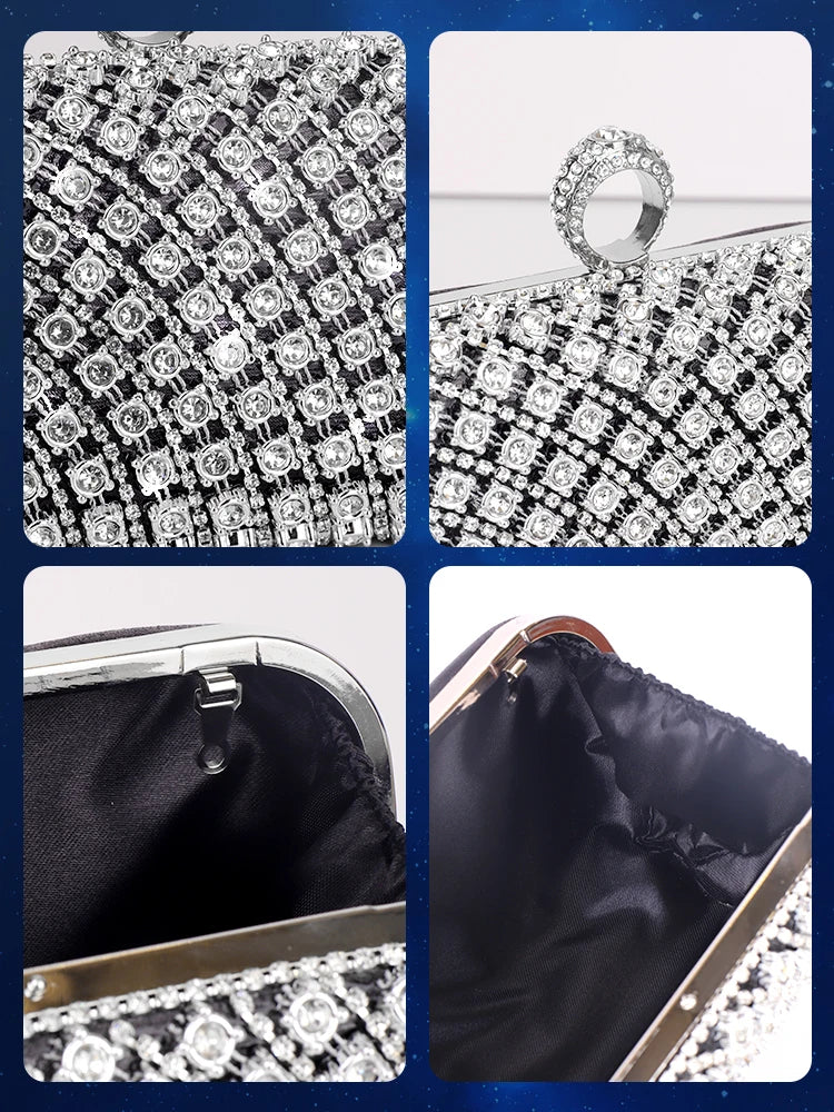 Elegance Radiant Chic Rhinestone Clutch - Small Square Purse Trend Luxury Designer Chain Shoulder Bag Women's Handbags Wallets Evening Bag For Wedding ﻿