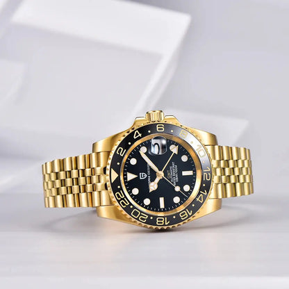 ELEGANCE® P1662 GOLD Men Watch Mechanical Luxury Ceramic Bezel Automatic 100M Waterproof GMT Wristwatch