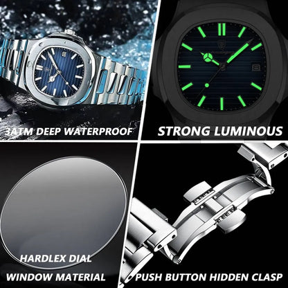 ELEGANCE® Luxury Square Watch Business Waterproof Male Clock Luminous Date Stainless Steel Quartz Men Watch POEDAGAR