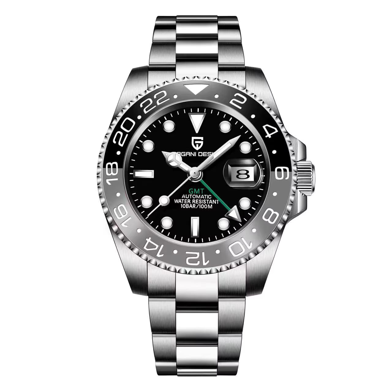 ELEGANCE P1662 Men Watch Automatic Mechanical GMT Wristwatch Sapphire Glass Stainless Steel 100M Waterproof