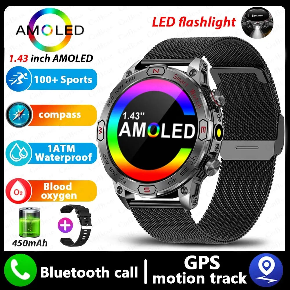 Elegance EliteTrack Smartwatch GPS Tracking LED Lights Outdoor Military Bluetooth Call Smartｗatch Men AMOLED HD Screen 1ATM Waterproof Sports Smart Watch IOS Android