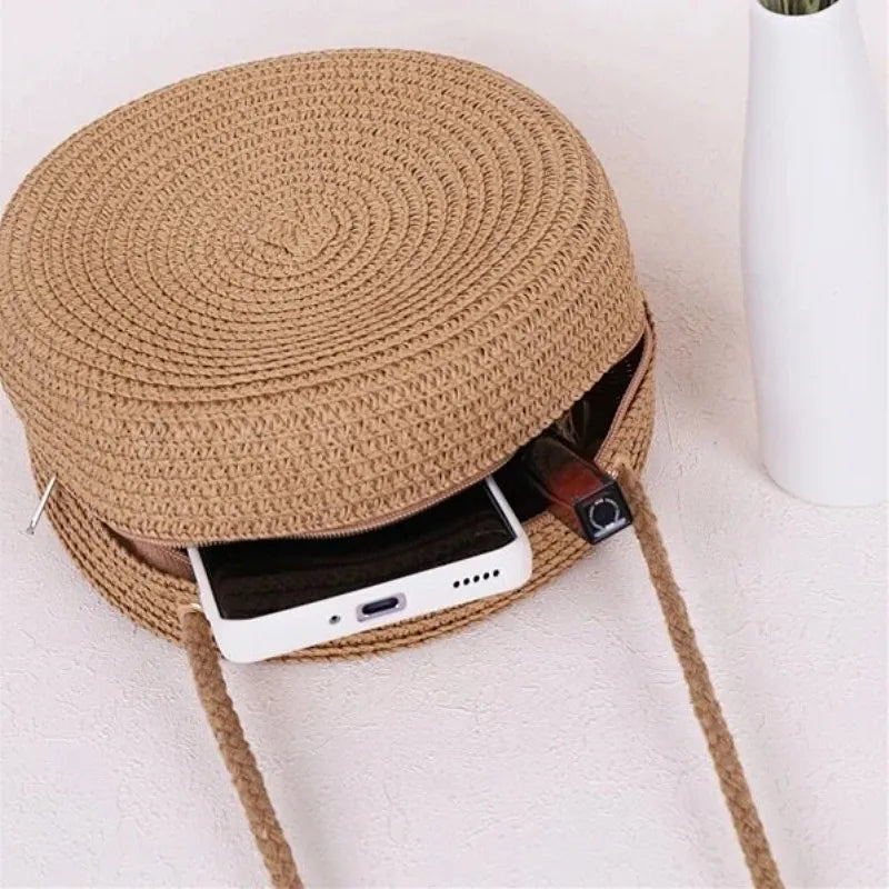 Elegance PureElegance Minimalist Bag - Minimalist Straw Bag Round Crossbody Purse Women Shoulder Vocation Style Handbag