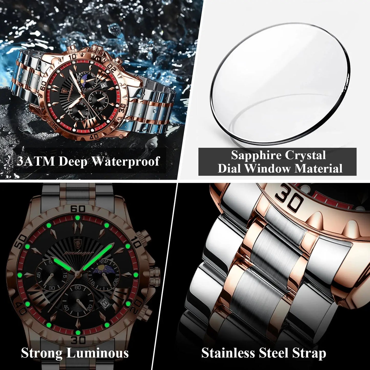 Elegance® 968 Luxury High Quality Watch for Man Waterproof Luminous Chronograph Date Men Watch Stainless Steel Quartz Men's Watches