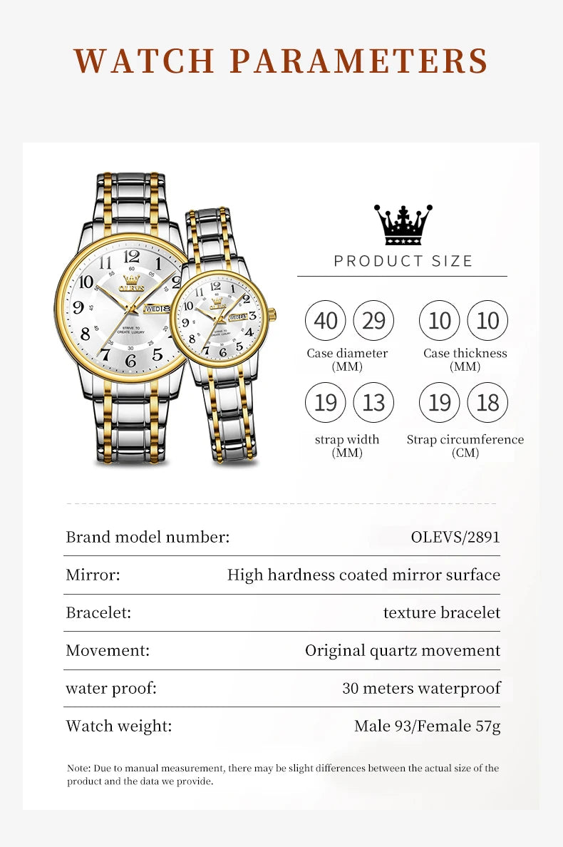 OLEVS 2891 Quartz Mens Women Couple Watches Top Brand Luxury Original Fashion Design Stainless Steel Waterproof Wristwatch Gifts ELEGANCE®