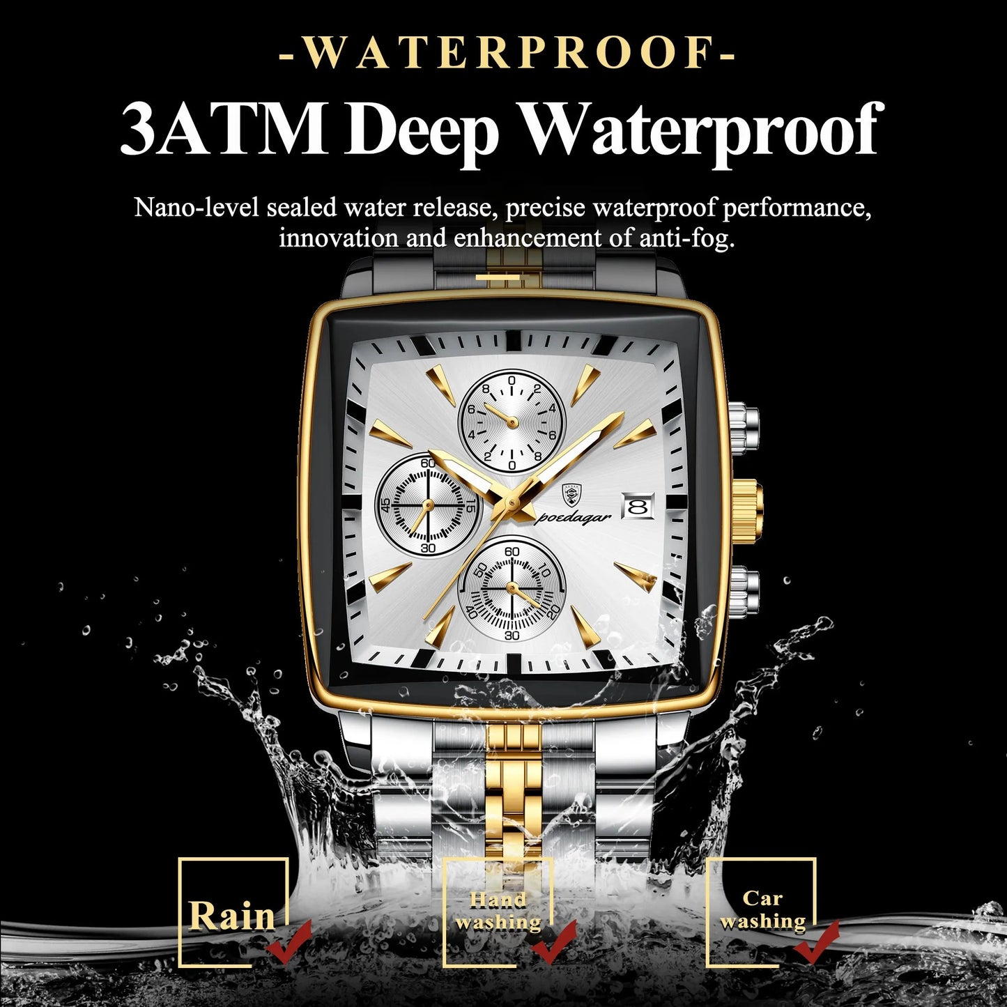 Elegance® Elite Chronograph 866 Men Watch Luxury Square Sport Man Wristwatch Waterproof Luminous Chronograph Quartz Men's Watches Stainless Steel