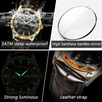 ELEGANCE® Luxury High Quality Watch for Men Sport Quartz Leather Waterproof Luminous Date Week Wristwatch POEDAGAR