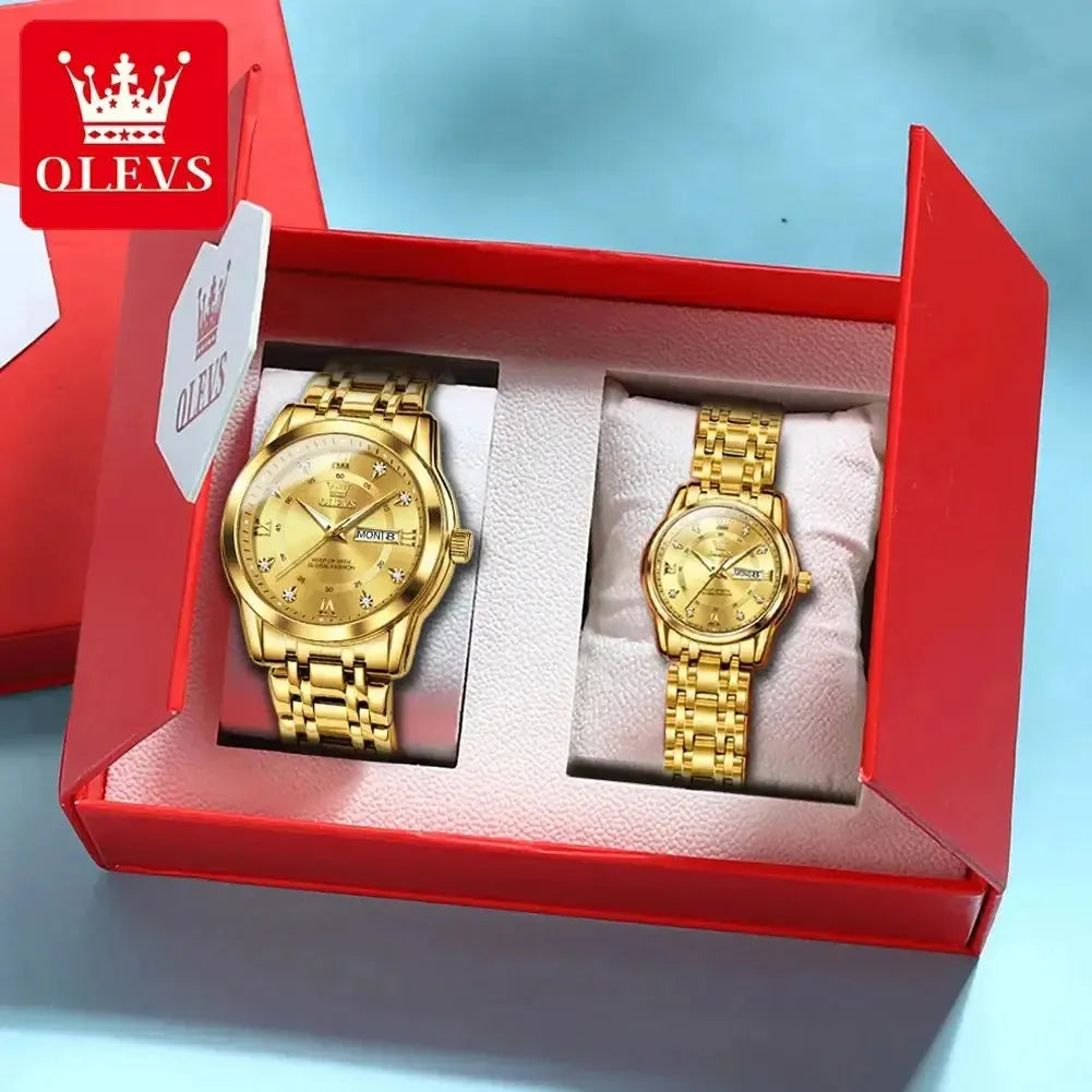 5513 OLEVS Couple Watch Pair for Men and Women Stainless Steel Waterproof Watches Luxury Gold Diamond Lover's Wristwatches ELEGANCE®