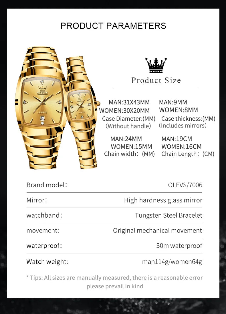 Elegance® 7006 Quartz Watch for Couple Tungsten steel Diamond Gold Watch Waterproof Gifts His Hers Watch Sets Couple Watch