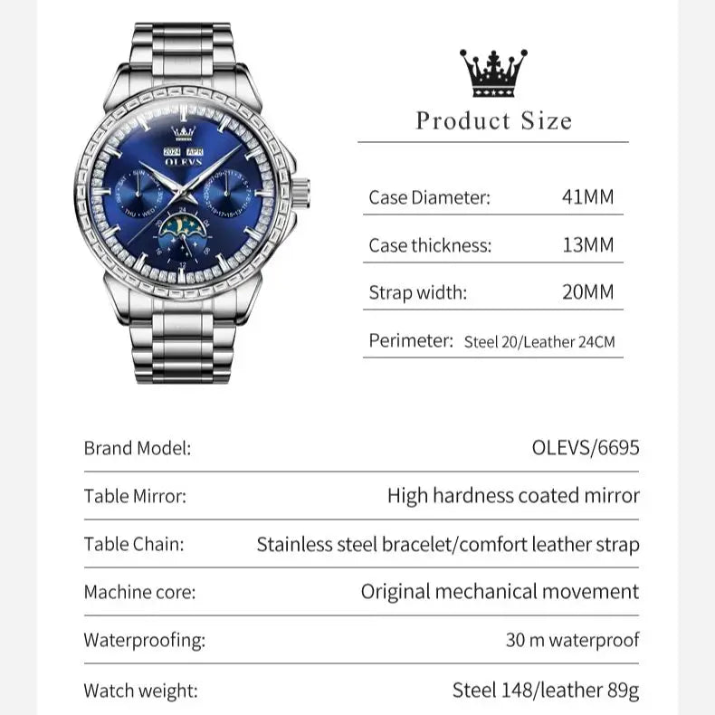 ELEGANCE® 6695 Timeless Voyager Automatic Mechanical Watch for Men High Quality Stainless steel Waterproof Moon Phase Men's Wristwatches Original Watches