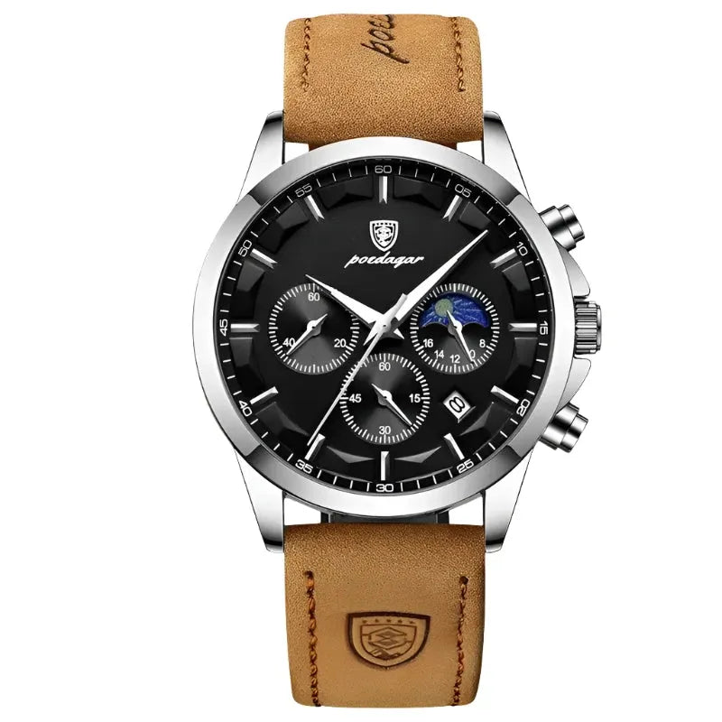 ELEGANCE® Genuine Leather Men's Watch Fashion Luminous Calendar Stopwatch Male Clock Waterproof Moon Phase Quartz Wristwatch POEDAGAR