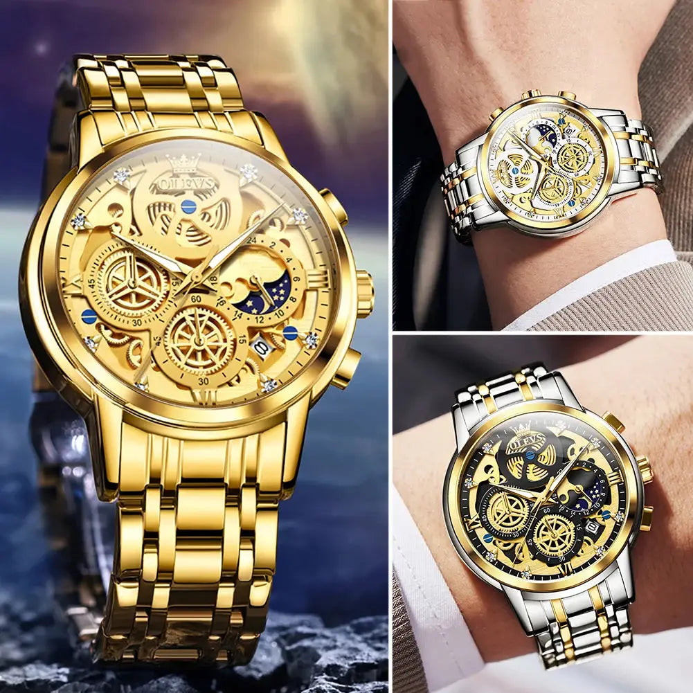 Elegane® 9947 Men's Watches Top Brand Luxury Original Waterproof Quartz Watch for Man Gold Skeleton Style 24 Hour Day Night