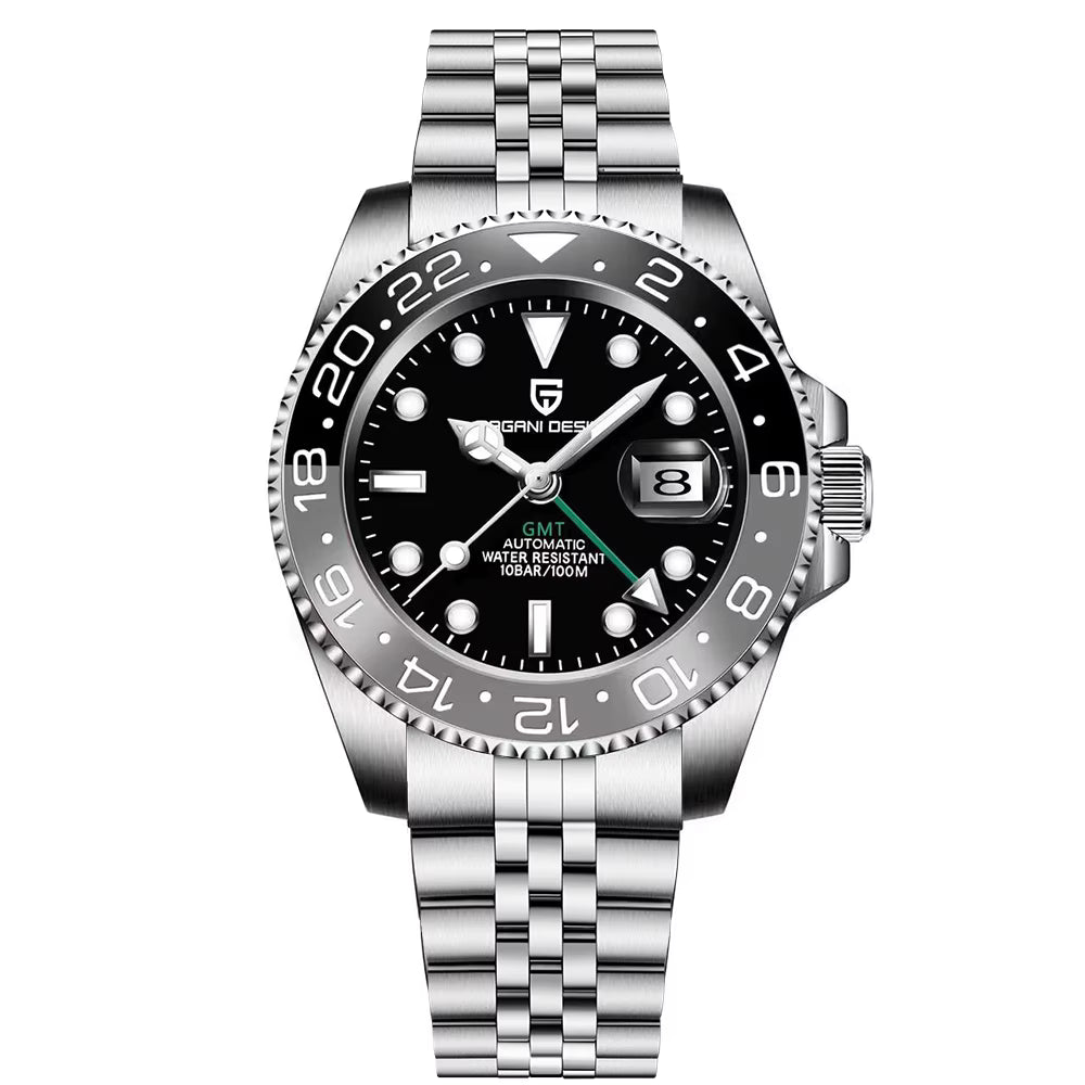 ELEGANCE P1662 Men Watch Automatic Mechanical GMT Wristwatch Sapphire Glass Stainless Steel 100M Waterproof