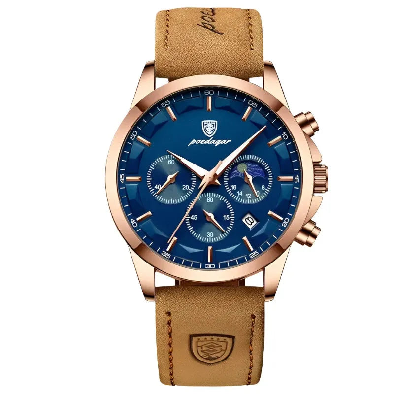 ELEGANCE® Genuine Leather Men's Watch Fashion Luminous Calendar Stopwatch Male Clock Waterproof Moon Phase Quartz Wristwatch POEDAGAR