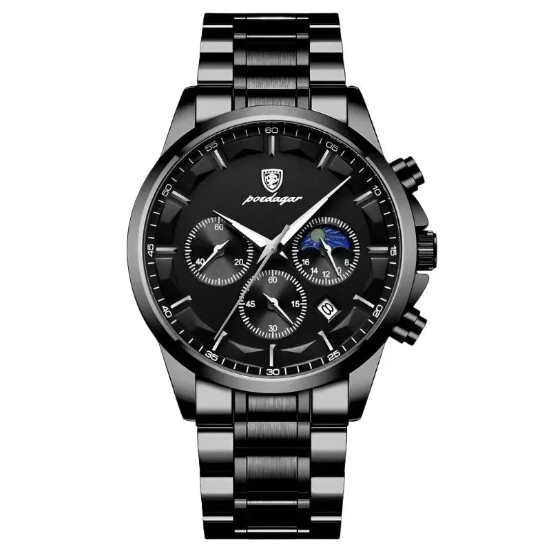 ELEGANCE® Genuine Leather Men's Watch Fashion Luminous Calendar Stopwatch Male Clock Waterproof Moon Phase Quartz Wristwatch POEDAGAR