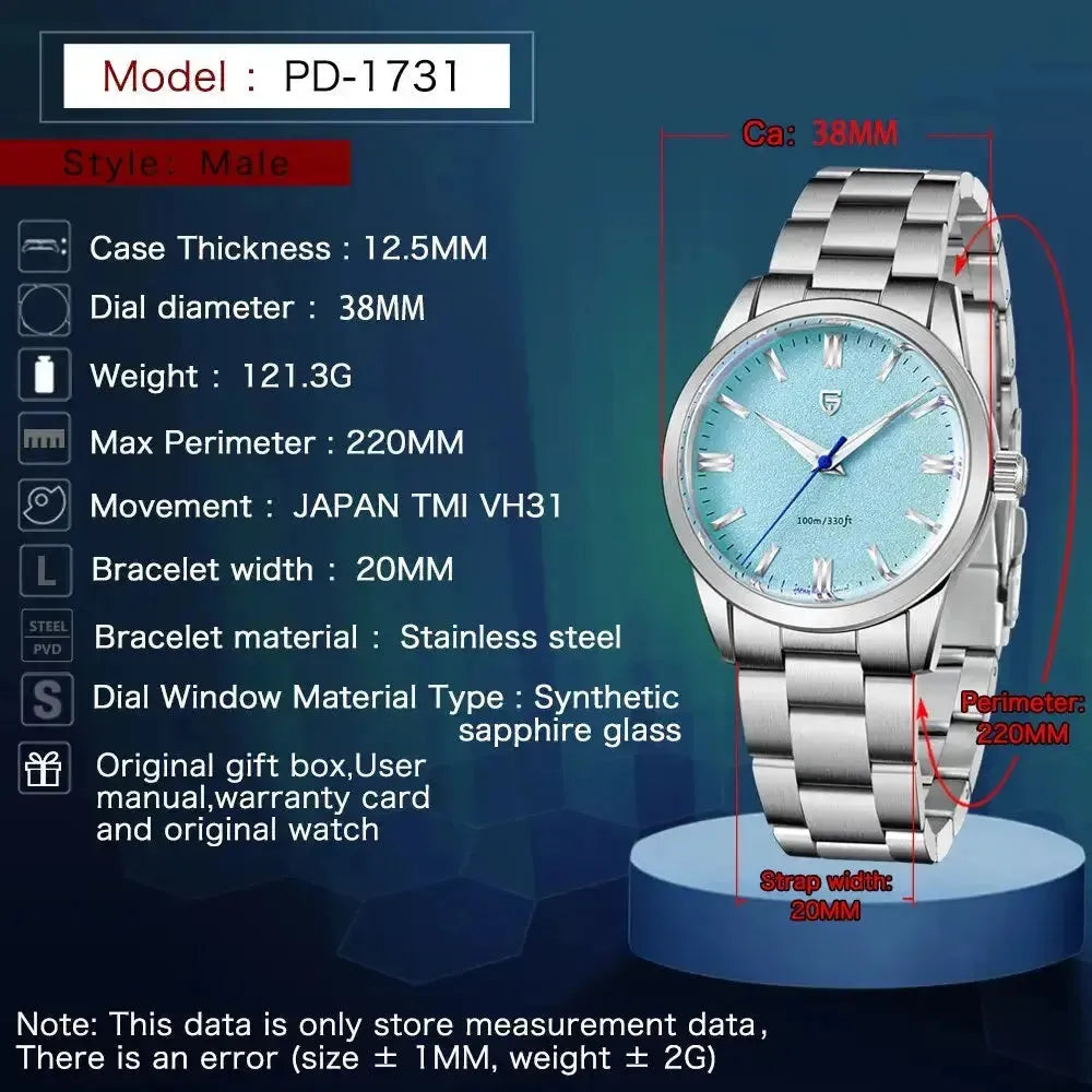 ELEGANCE® New 38mm Men's Quartz Watches Stainless Steel AR Coating Sapphire VH31 Business Sports PAGANI DESIGN