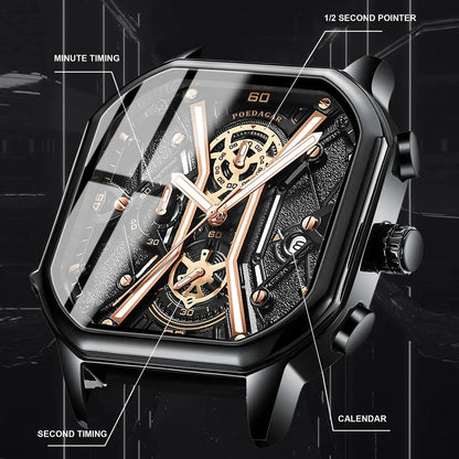 Elegance® 922 Skeleton Luxe Men Wristwatch Luxury Chronograph Luminous Waterproof Date Man Watch Square Dial Leather Quartz Men's Watches