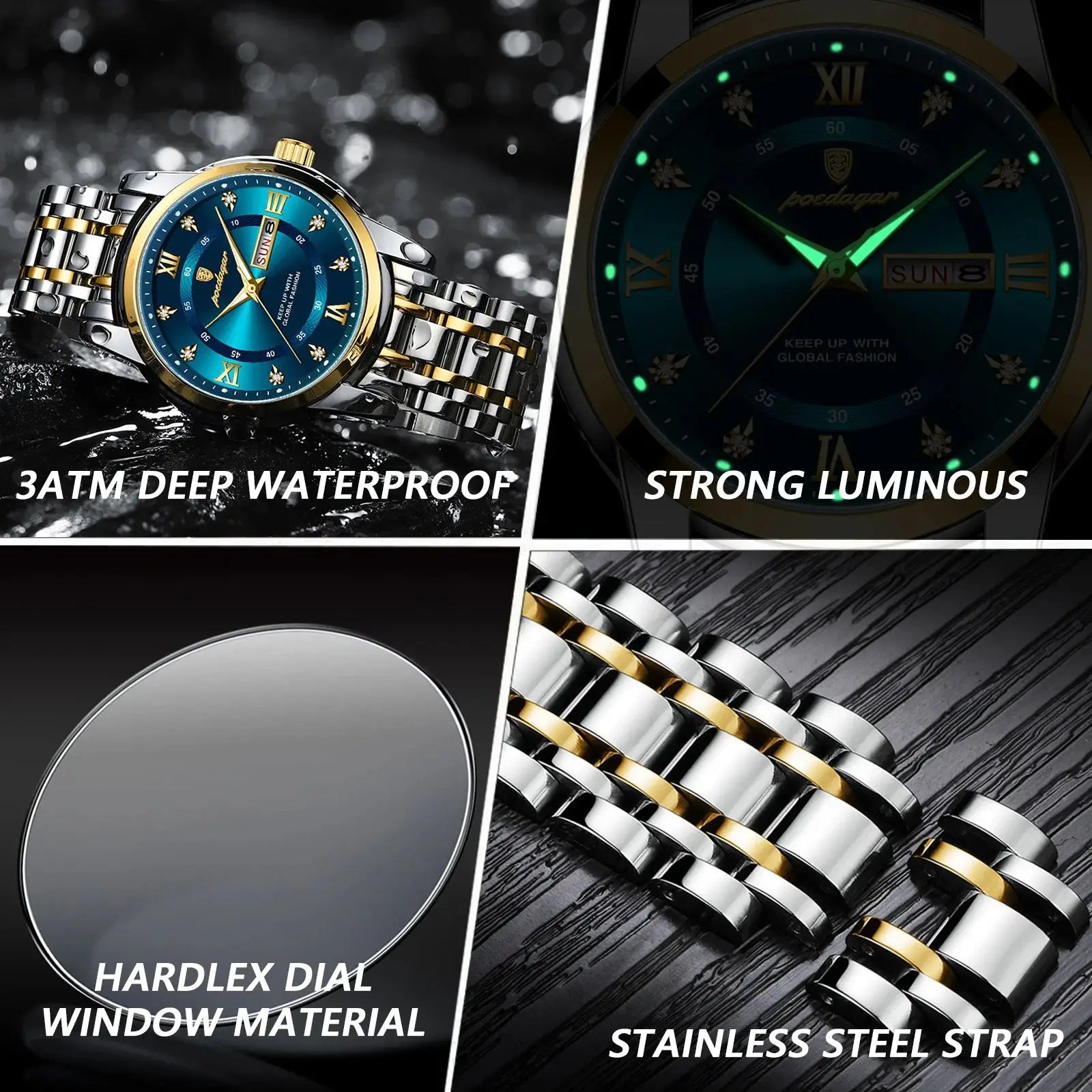 ELEGANCE® Luxury Watch for Man Elegant Date Week Waterproof Luminous Men Watch Quartz Stainless Steel Sports Men's Watches POEDAGAR