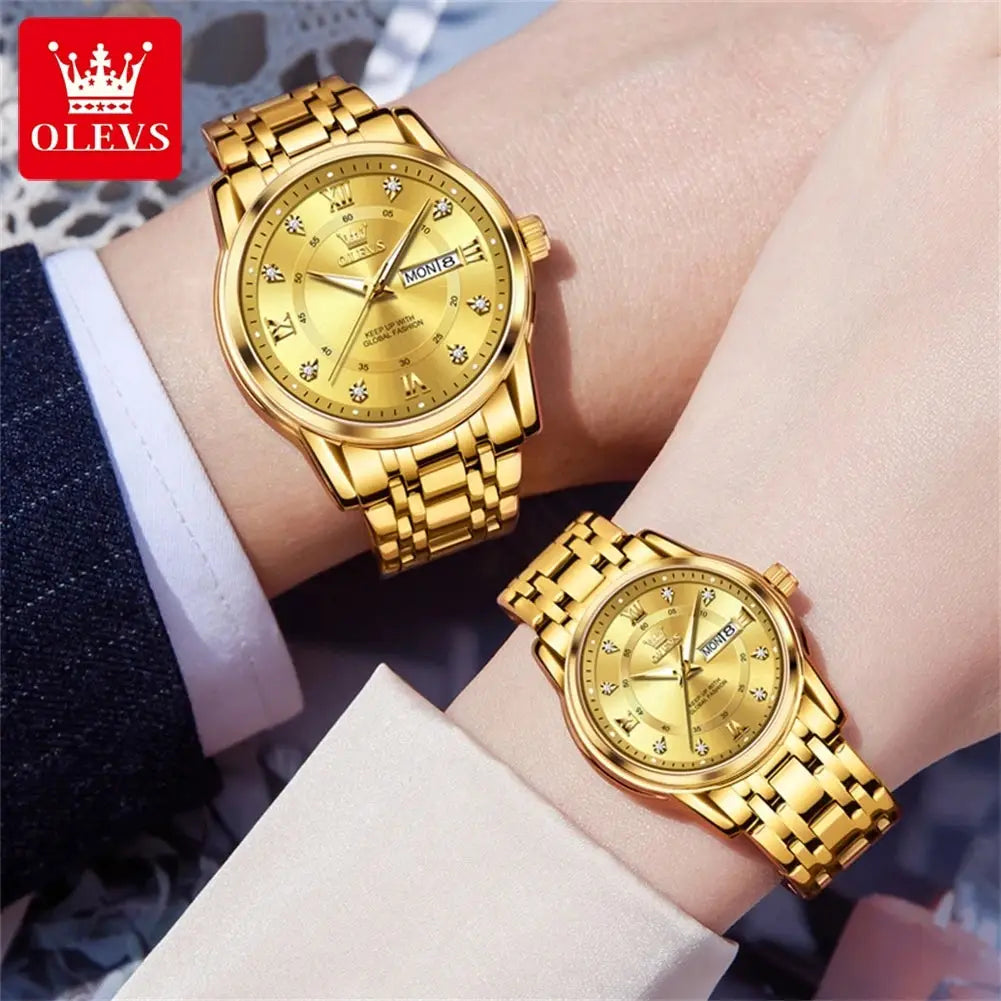 5513 OLEVS Couple Watch Pair for Men and Women Stainless Steel Waterproof Watches Luxury Gold Diamond Lover's Wristwatches ELEGANCE®