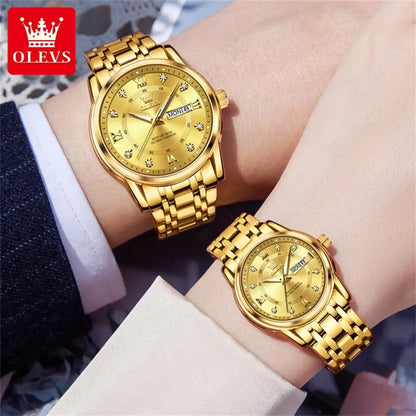 5513 OLEVS Couple Watch Pair for Men and Women Stainless Steel Waterproof Watches Luxury Gold Diamond Lover's Wristwatches ELEGANCE®