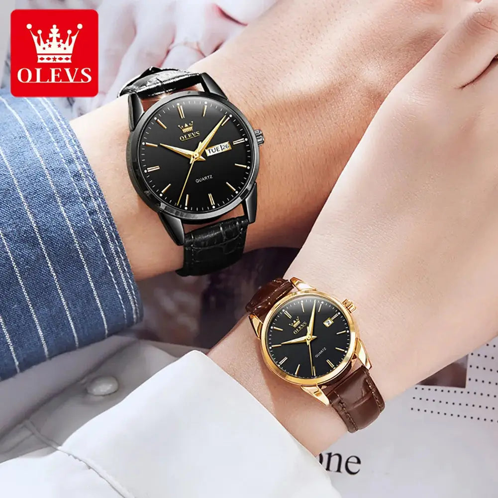 ELEGANCE® 6898 Fashion Waterproof Couple Wristwatches, PU Strap High Quality Exquisite Quartz Watches For Couple Luminous Calendar