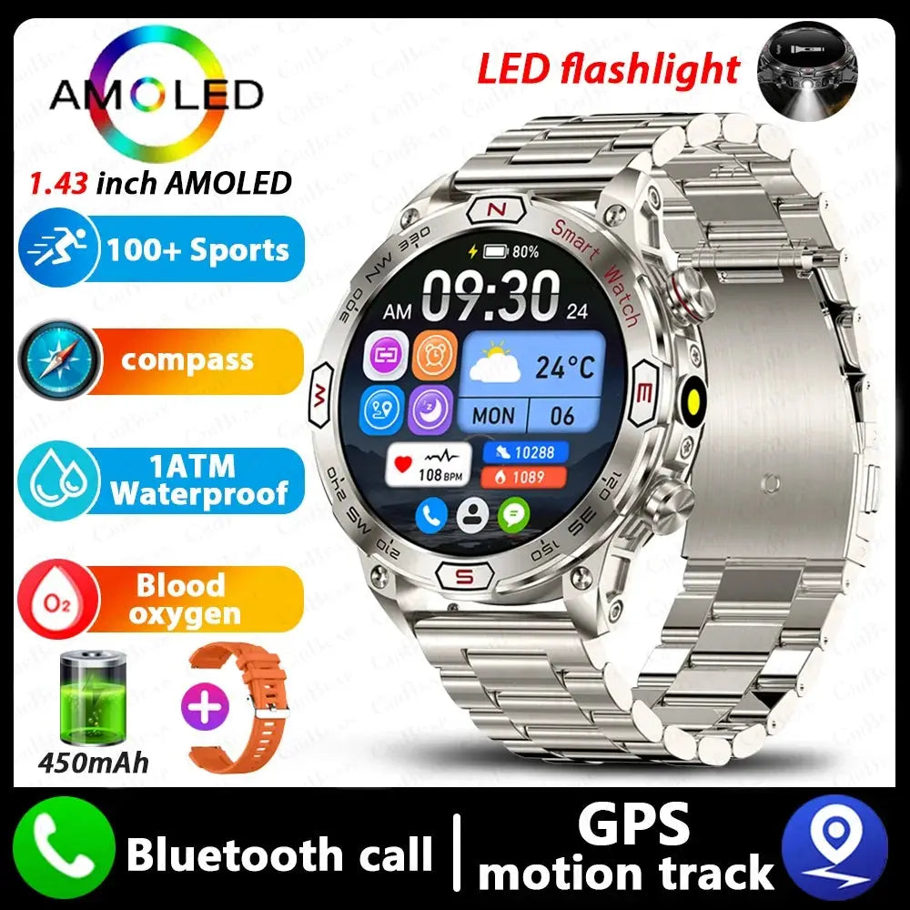 Elegance EliteTrack Smartwatch GPS Tracking LED Lights Outdoor Military Bluetooth Call Smartｗatch Men AMOLED HD Screen 1ATM Waterproof Sports Smart Watch IOS Android