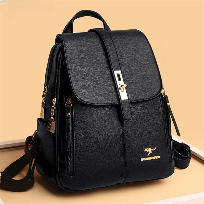 Elegance Chic Voyager 3649 Luxury Women Leather Backpacks for Girls Sac Casual Daypack Black Vintage Backpack School Bags for Girls Mochila Rucksack