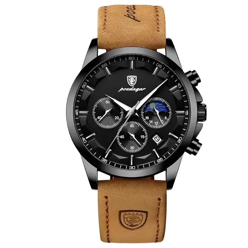 ELEGANCE® Genuine Leather Men's Watch Fashion Luminous Calendar Stopwatch Male Clock Waterproof Moon Phase Quartz Wristwatch POEDAGAR