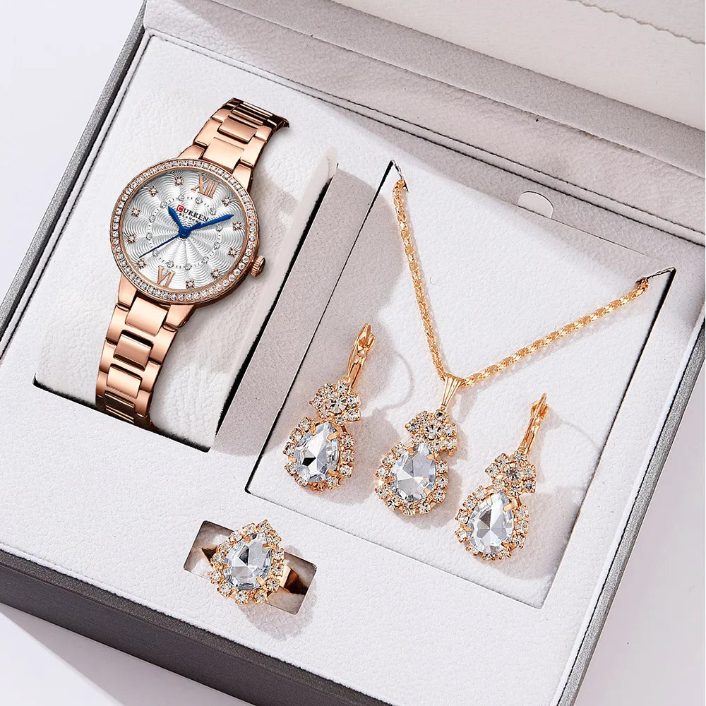 Elegance Luxe Gift Set Luxury Watch Women Ring Necklace Earrings Rhinestone Fashion Wristwatch Female Casual Ladies Watches Bracelet 5PCS Set