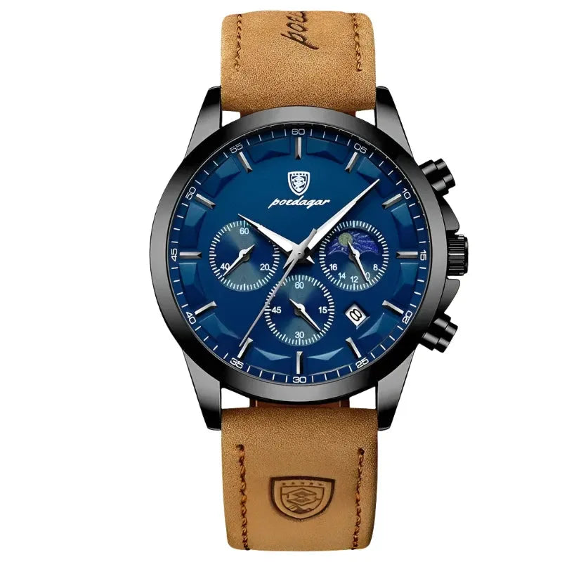ELEGANCE® Genuine Leather Men's Watch Fashion Luminous Calendar Stopwatch Male Clock Waterproof Moon Phase Quartz Wristwatch POEDAGAR