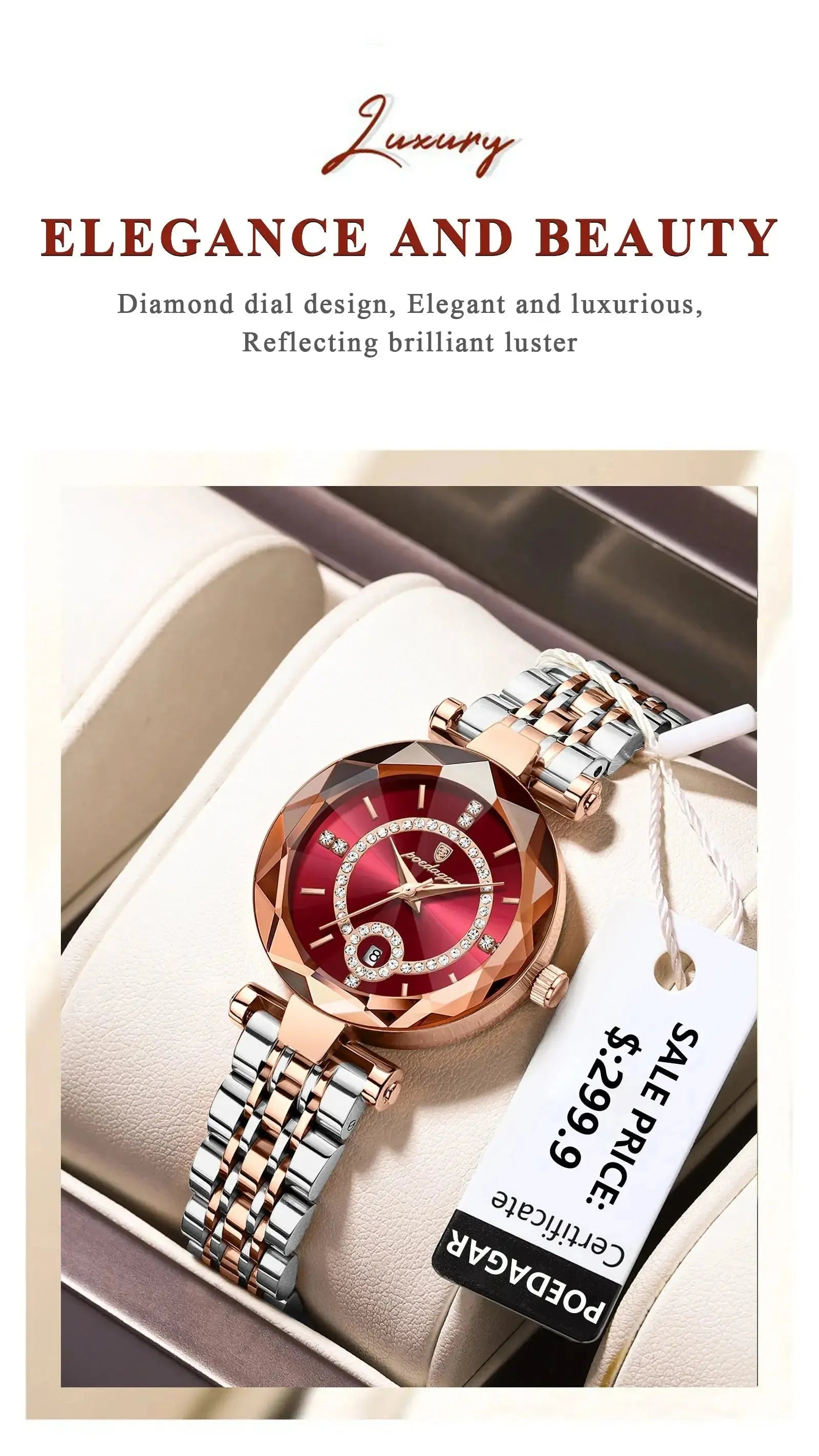 ELEGANCE® Luxury Watch For Woman High Quality Diamond Ladies Quartz Watch Waterproof Date Stainless Steel Women Watches box POEDAGAR