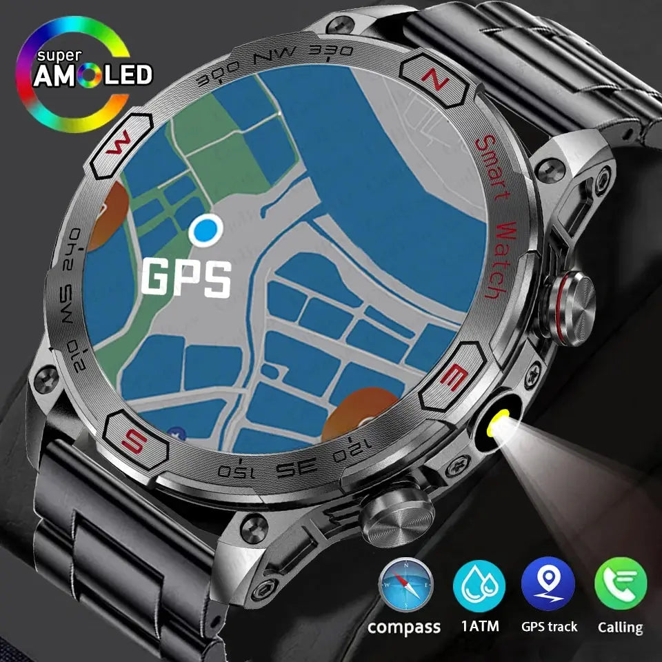 Elegance EliteTrack Smartwatch GPS Tracking LED Lights Outdoor Military Bluetooth Call Smartｗatch Men AMOLED HD Screen 1ATM Waterproof Sports Smart Watch IOS Android