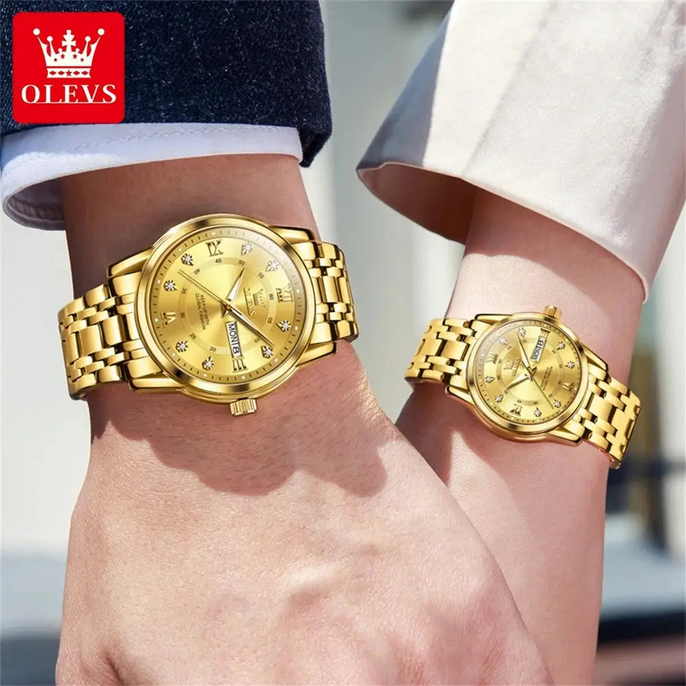 5513 OLEVS Couple Watch Pair for Men and Women Stainless Steel Waterproof Watches Luxury Gold Diamond Lover's Wristwatches ELEGANCE®