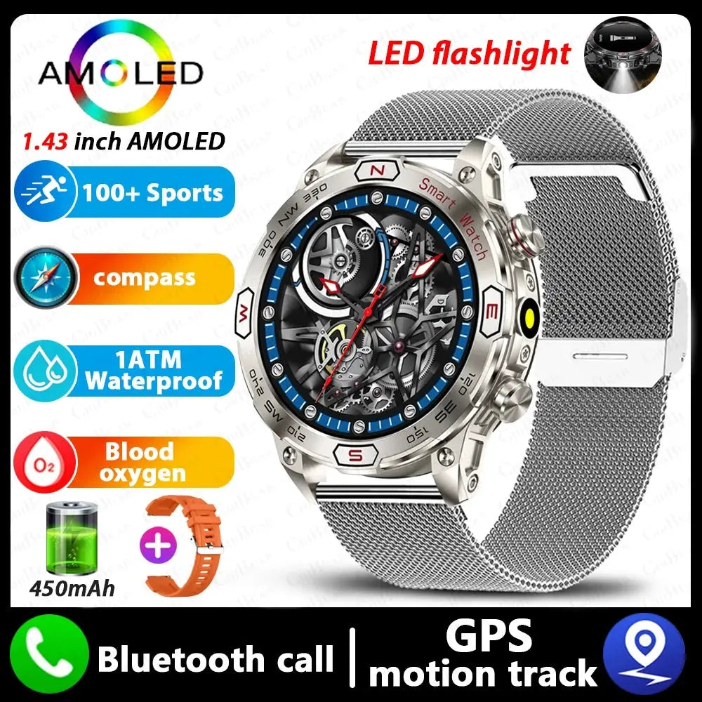 Elegance EliteTrack Smartwatch GPS Tracking LED Lights Outdoor Military Bluetooth Call Smartｗatch Men AMOLED HD Screen 1ATM Waterproof Sports Smart Watch IOS Android