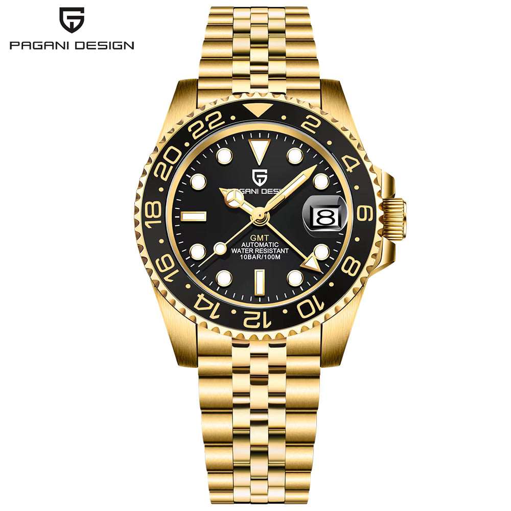 ELEGANCE P1662 Men Watch Automatic Mechanical GMT Wristwatch Sapphire Glass Stainless Steel 100M Waterproof