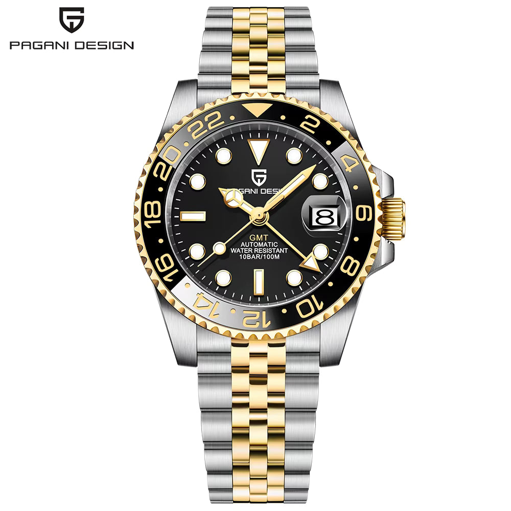 ELEGANCE P1662 Men Watch Automatic Mechanical GMT Wristwatch Sapphire Glass Stainless Steel 100M Waterproof
