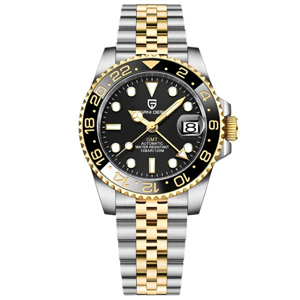 ELEGANCE® P1662 GOLD Men Watch Mechanical Luxury Ceramic Bezel Automatic 100M Waterproof GMT Wristwatch