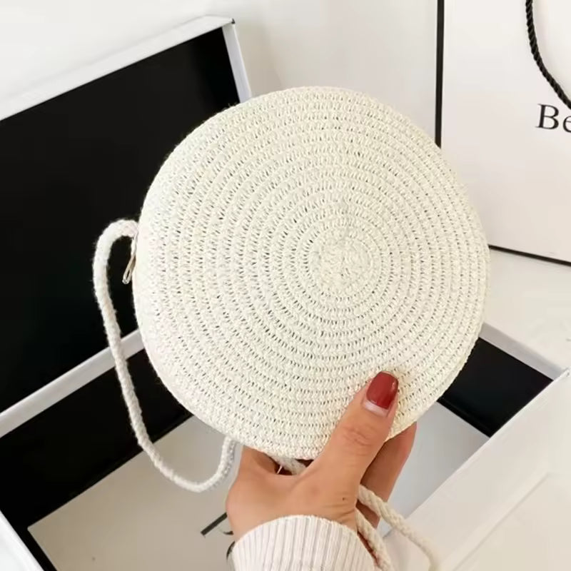 Elegance PureElegance Minimalist Bag - Minimalist Straw Bag Round Crossbody Purse Women Shoulder Vocation Style Handbag