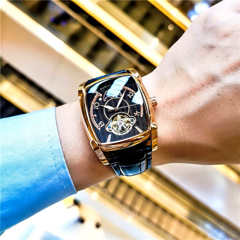 Elegance Tonneau 005 Moon Phase Automatic Watch for Men Luxury Brand Tourbillon Skeleton Mechanical Watches Leather Belt Luminous Hands Clock