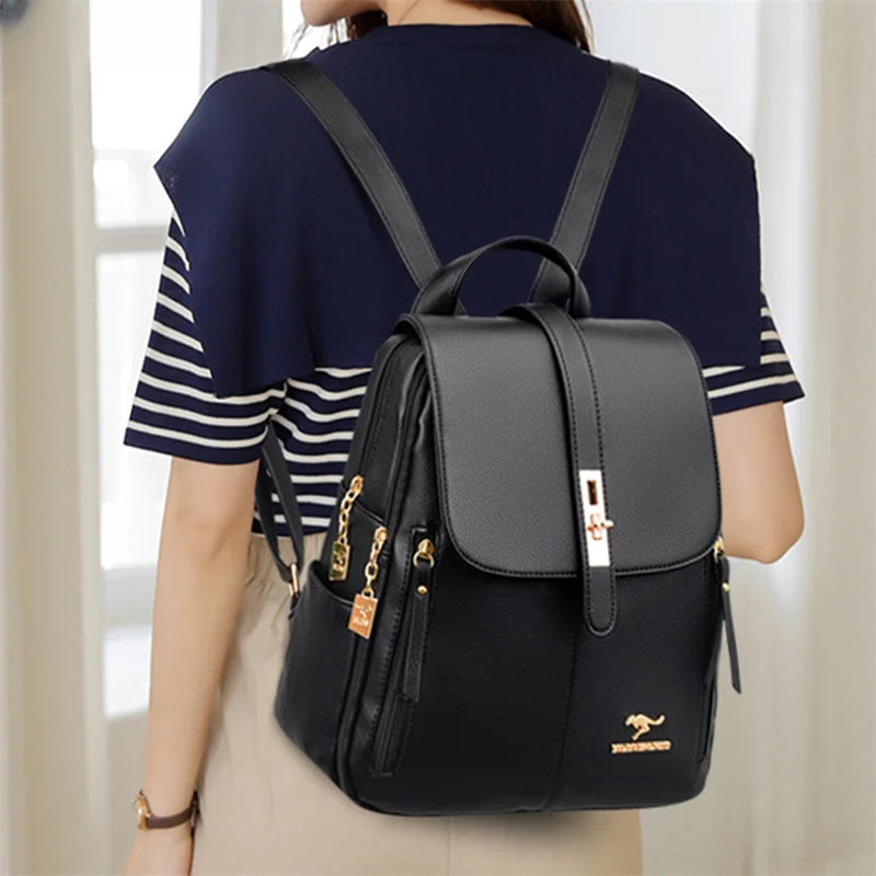 Elegance Chic Voyager 3649 Luxury Women Leather Backpacks for Girls Sac Casual Daypack Black Vintage Backpack School Bags for Girls Mochila Rucksack