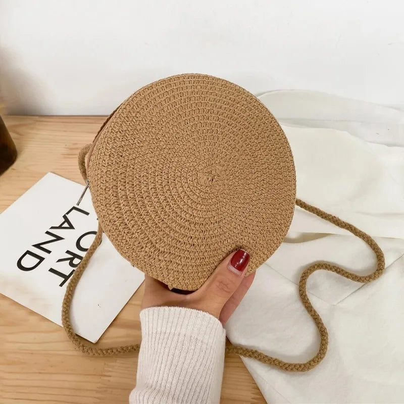 Elegance PureElegance Minimalist Bag - Minimalist Straw Bag Round Crossbody Purse Women Shoulder Vocation Style Handbag