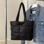 Elegance Essential Luxe Bag - Space Padded Women Shoulder Bags For Winter 2021 Large Capacity Black Handbags Designer Nylon Cotton Warm Tote Solid