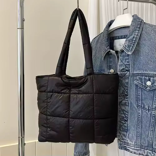 Elegance Essential Luxe Bag - Space Padded Women Shoulder Bags For Winter 2021 Large Capacity Black Handbags Designer Nylon Cotton Warm Tote Solid