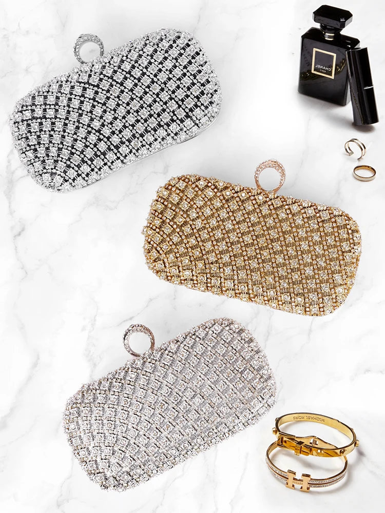 Elegance Radiant Chic Rhinestone Clutch - Small Square Purse Trend Luxury Designer Chain Shoulder Bag Women's Handbags Wallets Evening Bag For Wedding ﻿