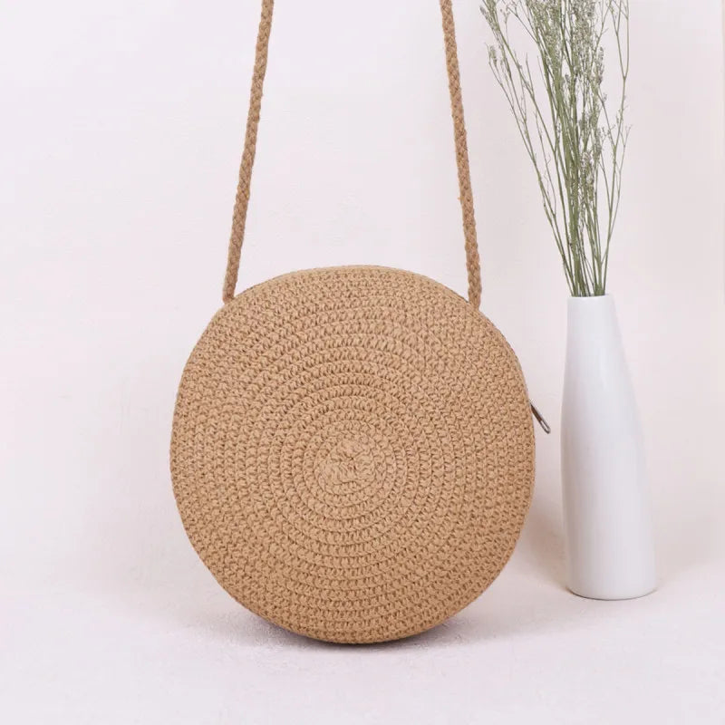 Elegance PureElegance Minimalist Bag - Minimalist Straw Bag Round Crossbody Purse Women Shoulder Vocation Style Handbag