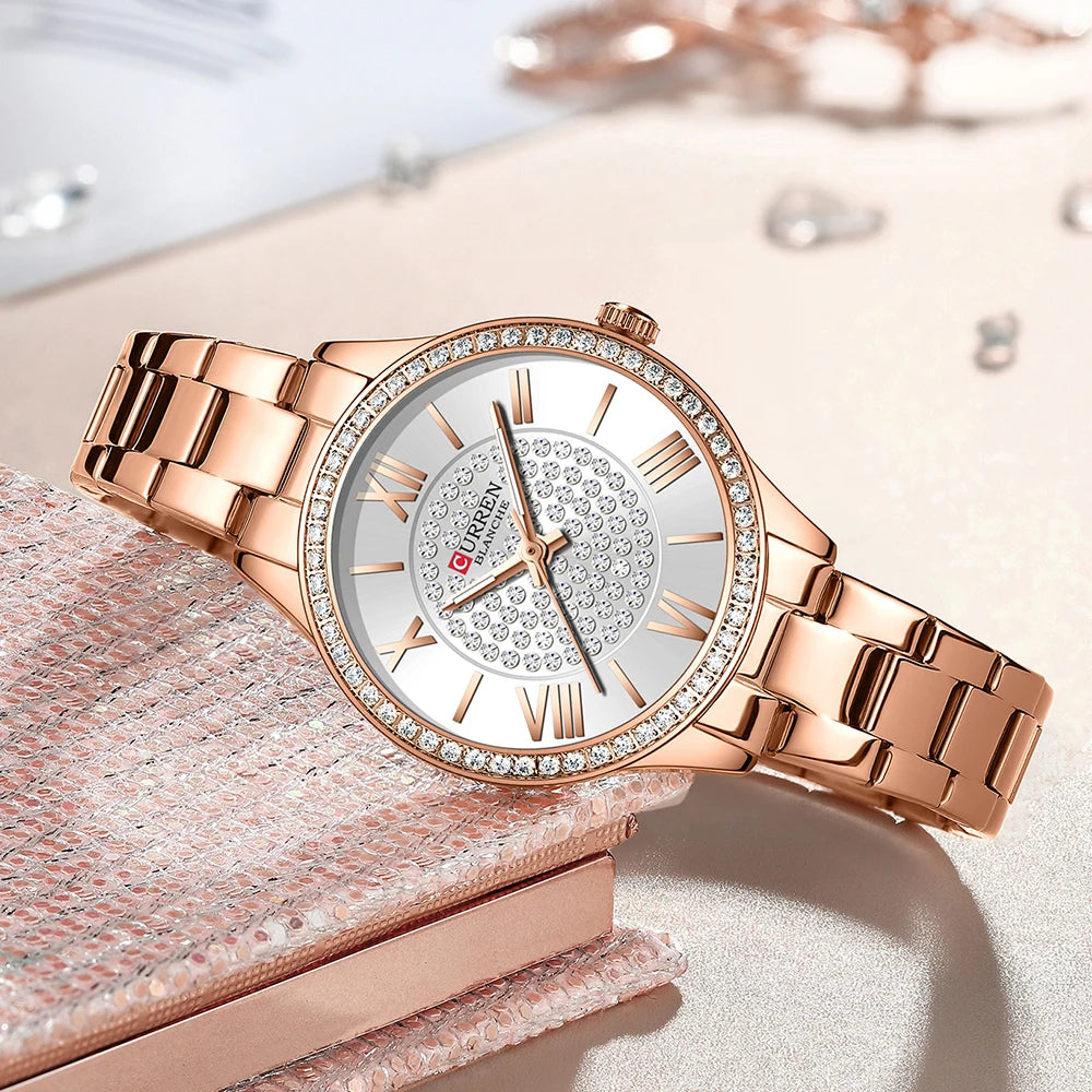 Elegance Opulent Rose 9084 Watch Luxury Rhinestones Rose Dial Fashion Watches with Stainless Steel Band New Quartz Wristwatches for Women