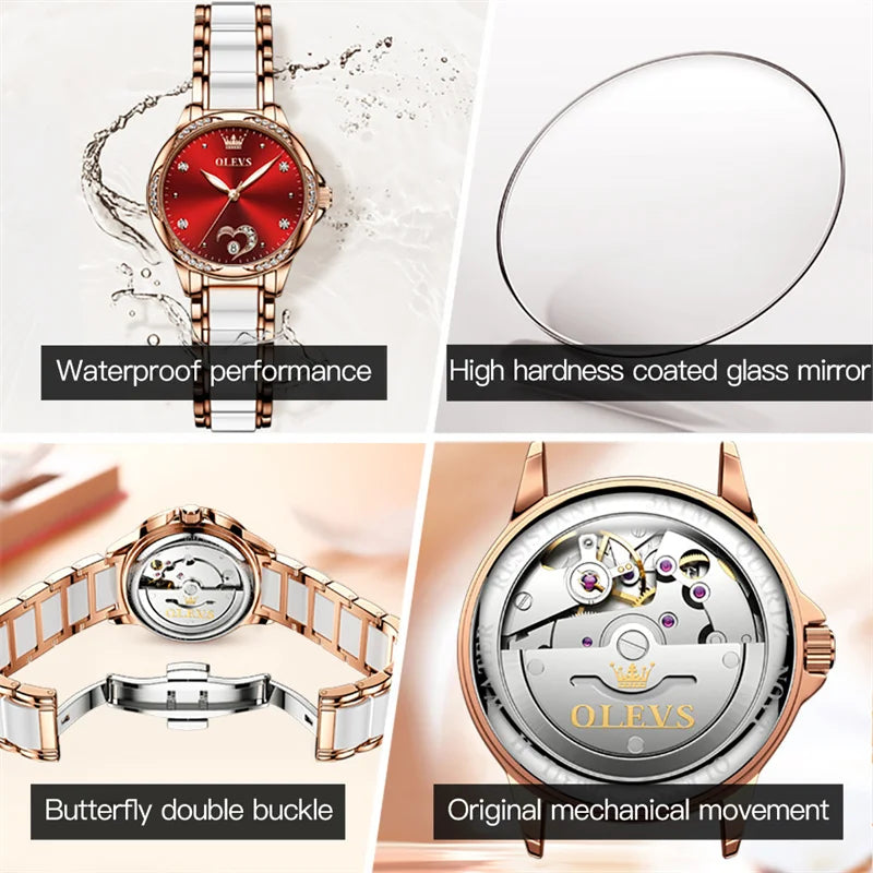 Elegance® 6631 Scarlet Diamond Women Watch Automatic Mechanical Ladies Creative Ceramics Steel Women's Bracelet Watches Female Clock Reloj Mujer New