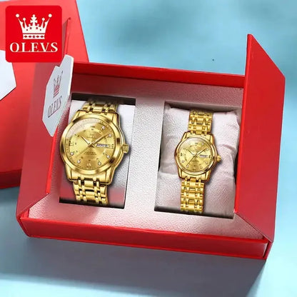 5513 OLEVS Couple Watch Pair for Men and Women Stainless Steel Waterproof Watches Luxury Gold Diamond Lover's Wristwatches ELEGANCE®